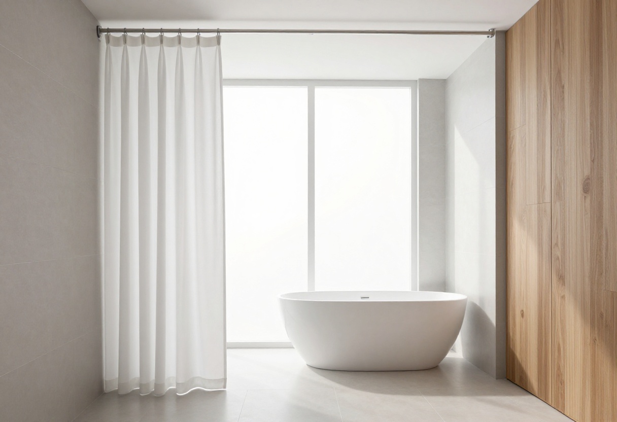 Modern bathroom with a long floor-length shower curtain on a ceiling track