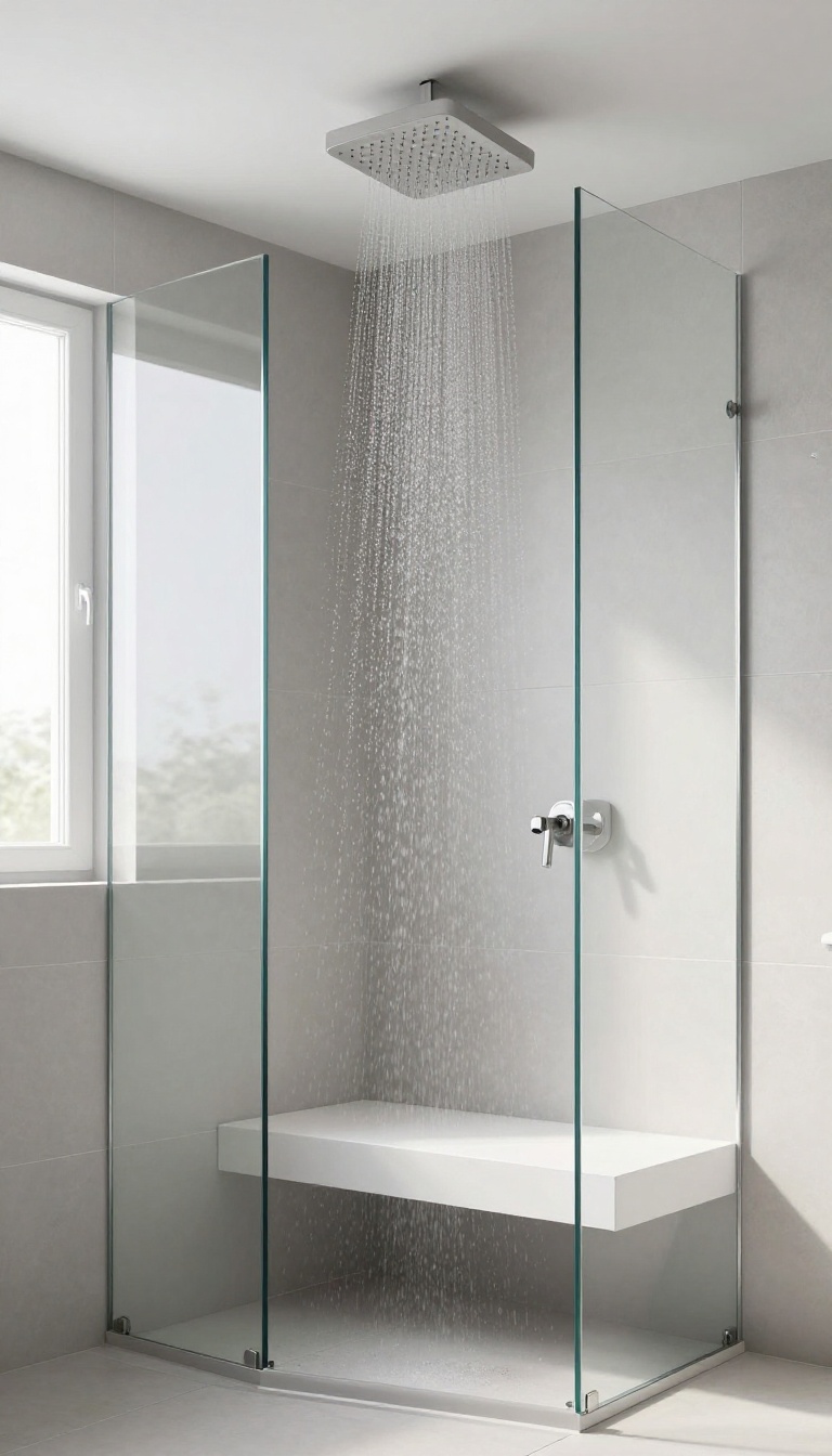 Small bathroom with a ceiling-mounted rain shower head, glass enclosure, and light gray tiles, creating a spa-like feel.