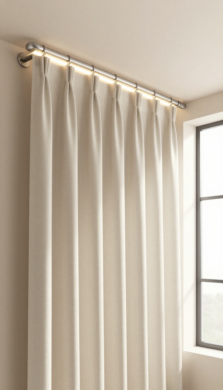 Modern bathroom with ceiling-mounted shower curtain track and integrated LED lighting