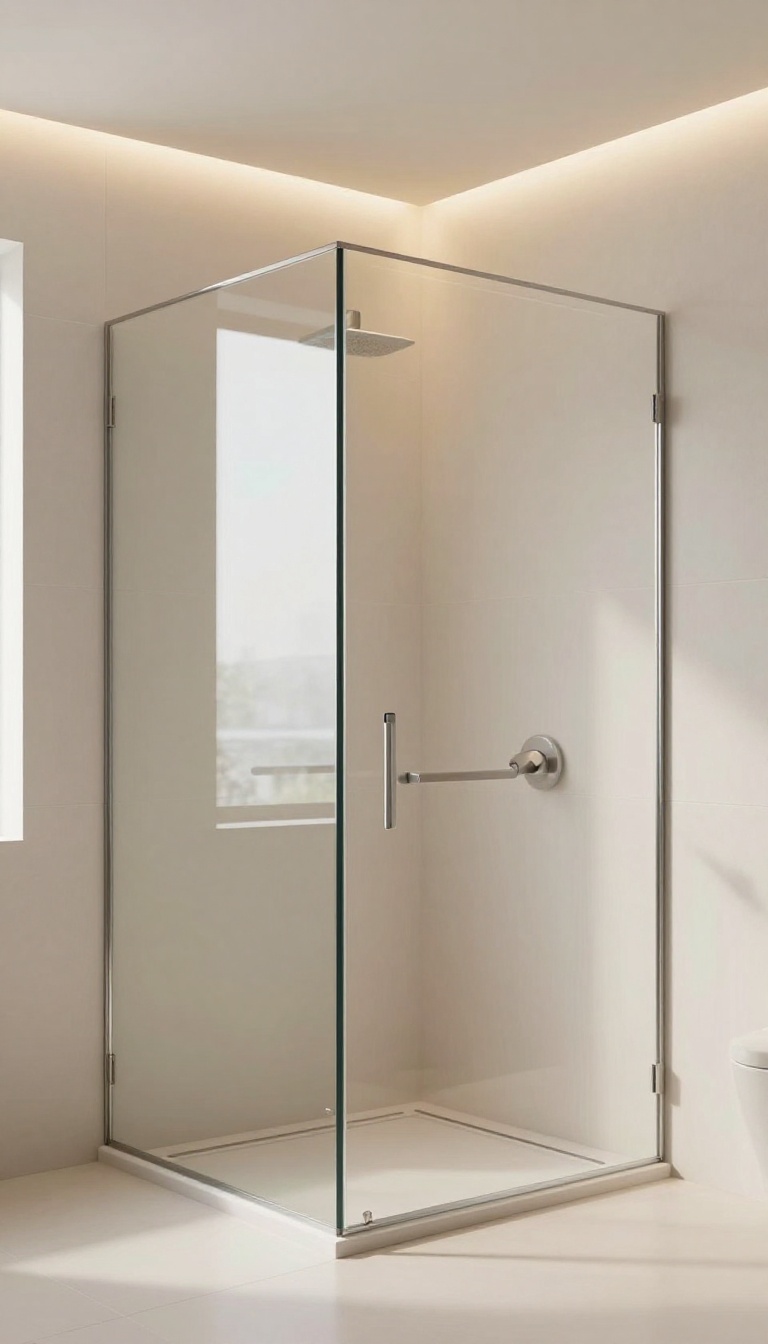 Modern walk-in shower with warm LED lighting and a motion sensor on the wall, creating a calm, hands-free lighting experience.