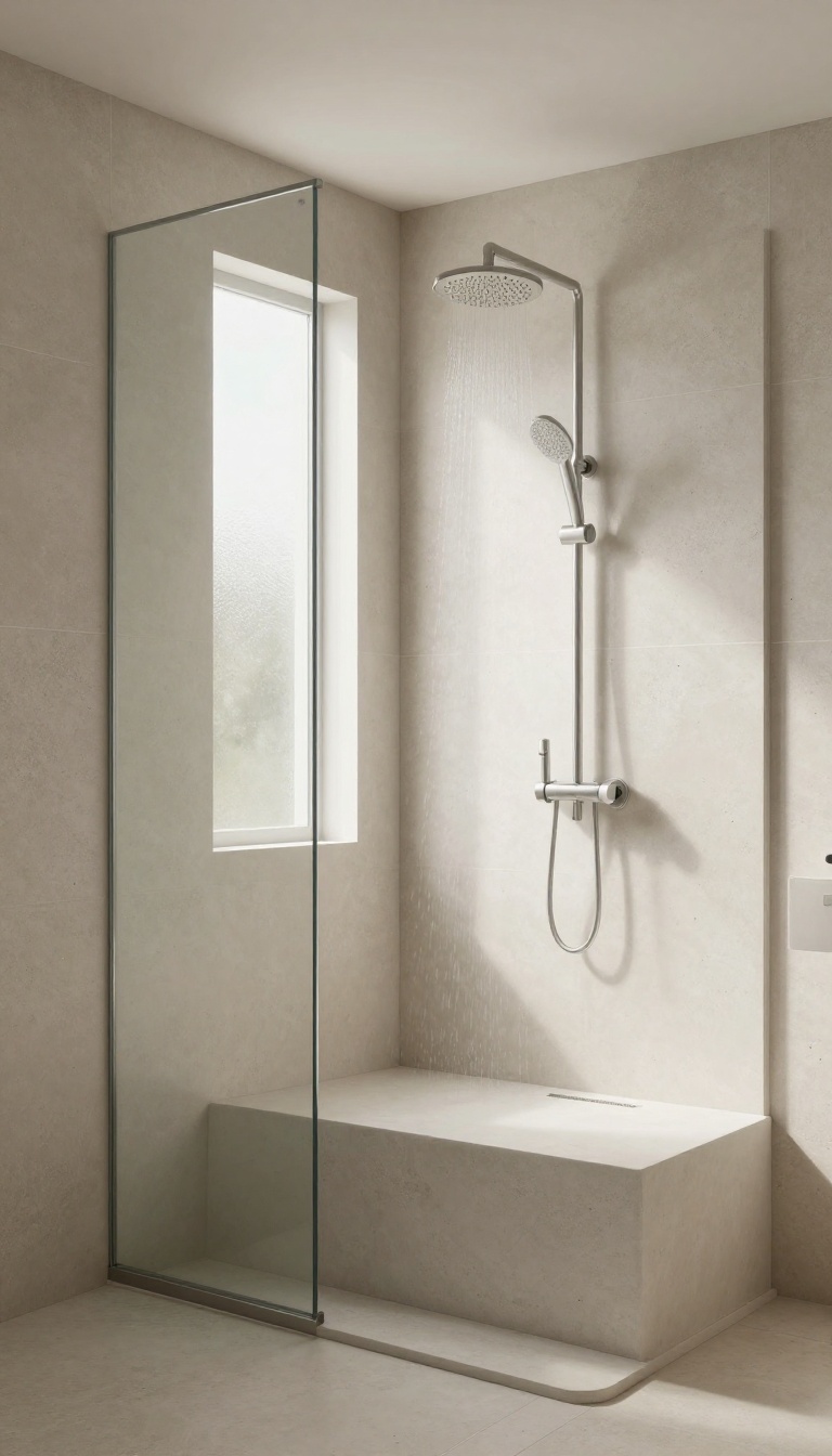 Modern bathroom shower with a built-in concrete bench, seamless integration, natural light, minimalist design