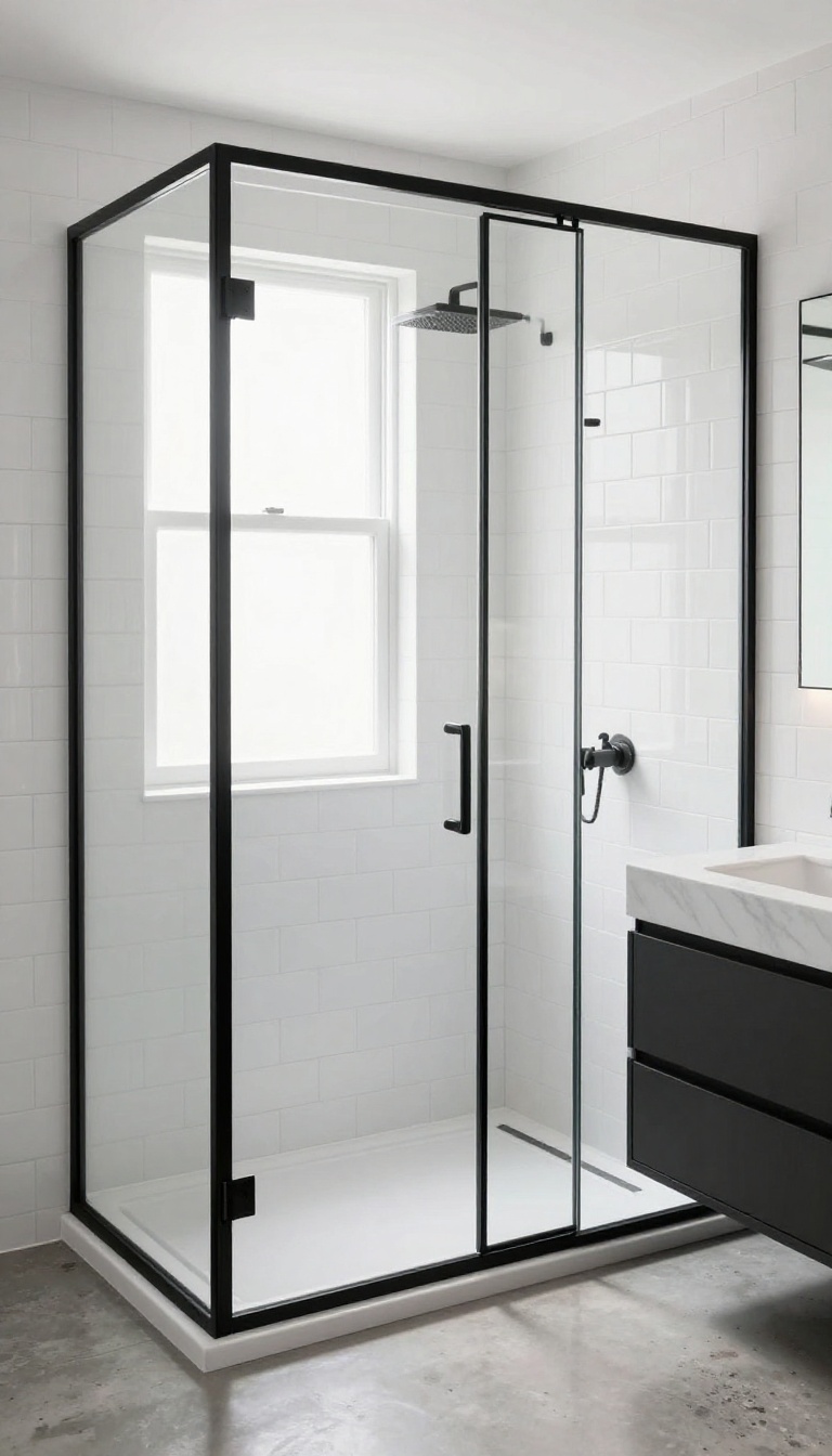 Modern bathroom with black framed glass shower partition