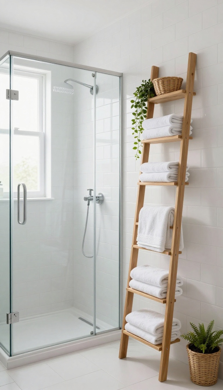 Vertical storage in a tiny bathroom with a ladder shelf holding towels and baskets, next to a glass shower.