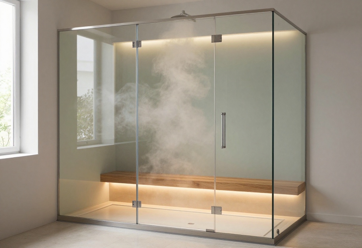 Modern steam shower with glass walls, teak bench, and soft lighting
