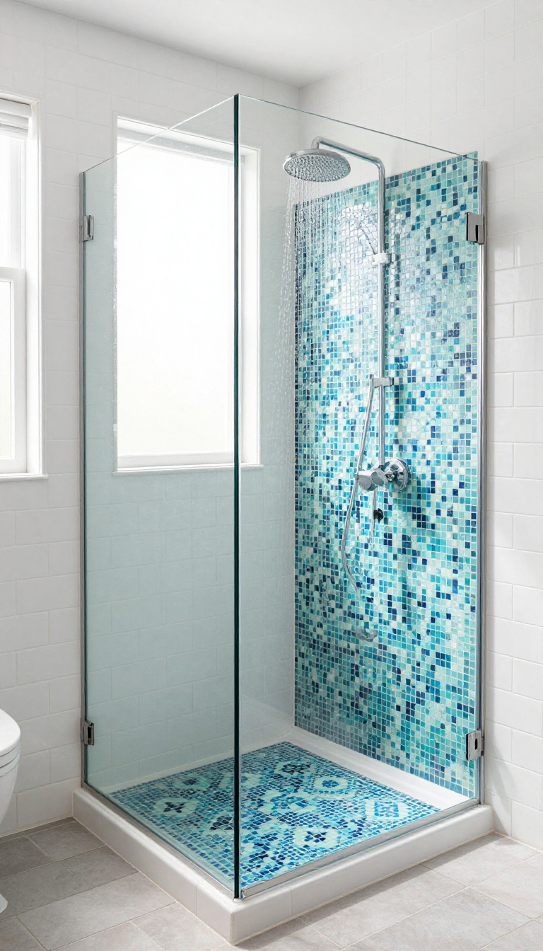 Bright corner walk-in shower with a colorful mosaic tile floor and glass enclosure