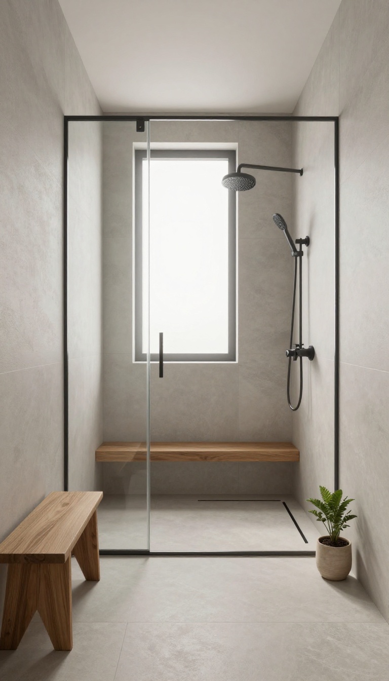 Curbless walk-in shower with low-threshold entry, seamless tile flooring, glass partition, and built-in bench in a bright modern bathroom.