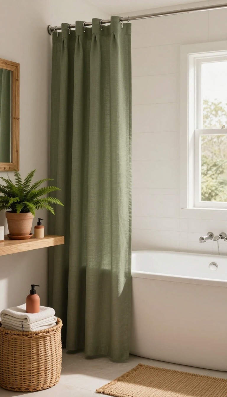 Earthy olive green shower curtain in a natural, organic bathroom with wooden accents and plants.