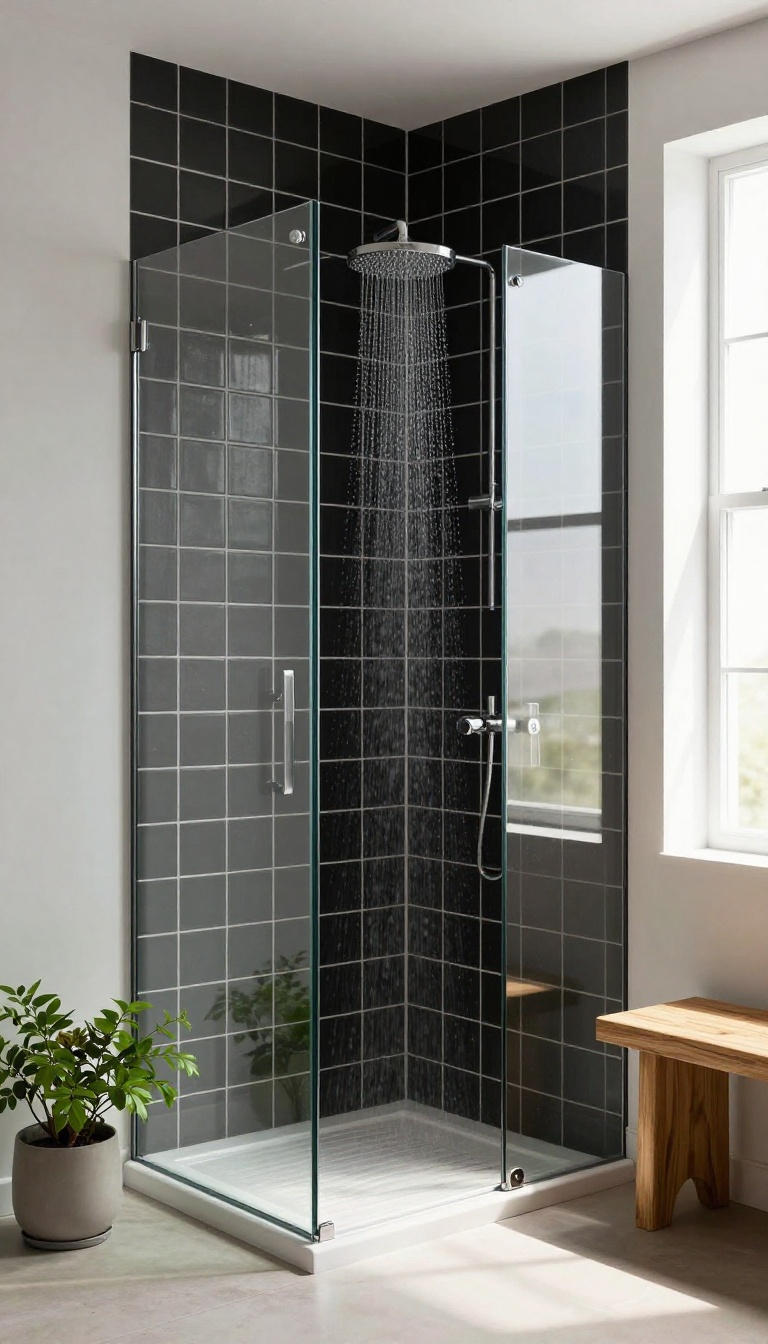 Black subway tile shower with white grout and frameless glass