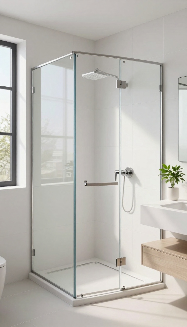 Modern curbless shower with white large-format tiles and a linear drain, creating a clean and open look.