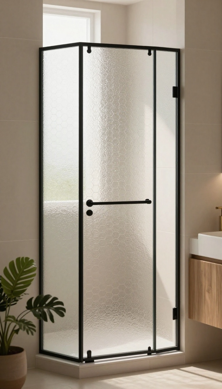 Modern bathroom with hexagonal frosted glass shower door, matte black frame, warm wood and brass accents, bright natural light