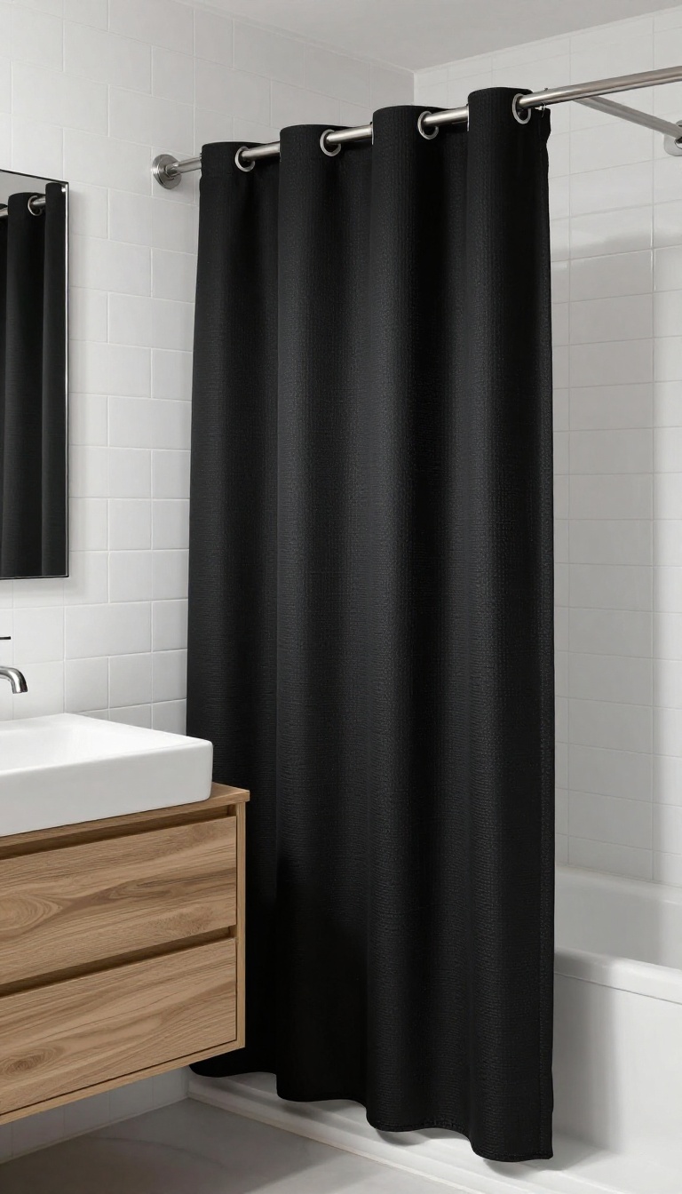 Matte black shower curtain in a modern minimalist bathroom with white subway tiles and light wood vanity