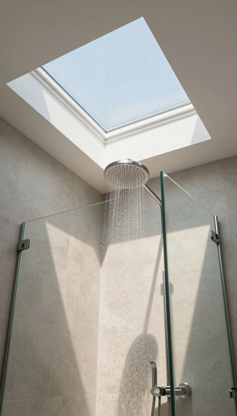 A bright shower with a skylight overhead, sunlight streaming in, illuminating the modern tiled space.