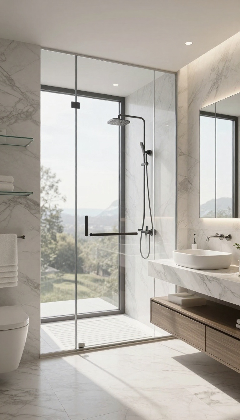 Full-height glass shower enclosure in a modern bathroom with high ceilings and natural light