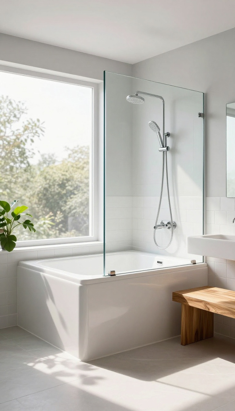 Walk-in tub with glass panel in a bright, modern bathroom