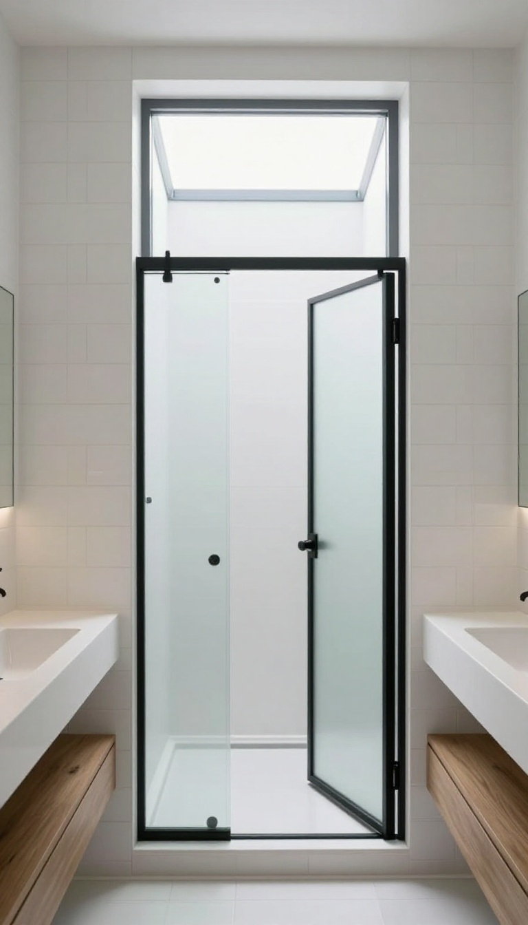 Small bathroom with a frosted glass pocket door, walk-in shower, and floating vanity in bright natural light.