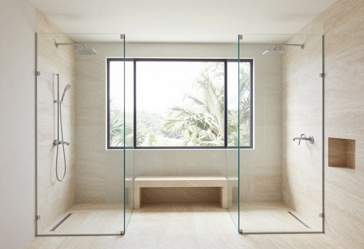 Modern double shower with two rain showerheads and frameless glass panels in a bright bathroom