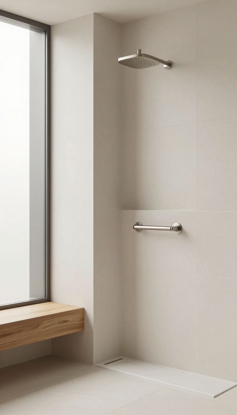 Modern walk-in shower with integrated grab bar in a recessed niche, brushed nickel finish, curbless design, and natural light.