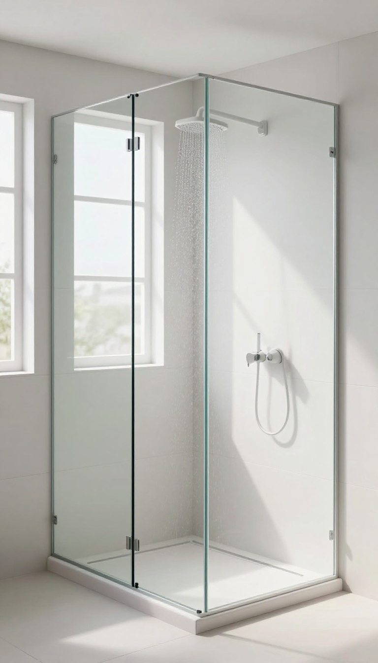 Modern bathroom with a half-wall shower and clear glass top, featuring white tiles and natural light