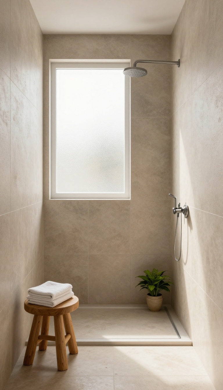 Modern shower with textured matte neutral tiles in beige and gray, wooden stool with towel and plant, warm natural light