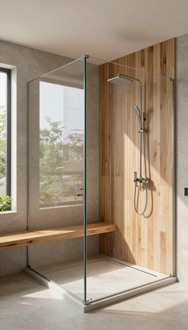 Curbless walk-in shower with a built-in teak bench, featuring natural light and a spa-like atmosphere.