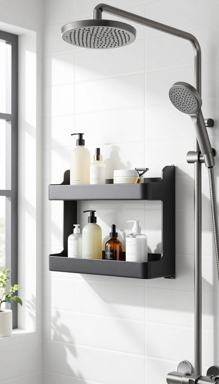 Modern bathroom shower with a magnetic shelf on a metal surround holding toiletries