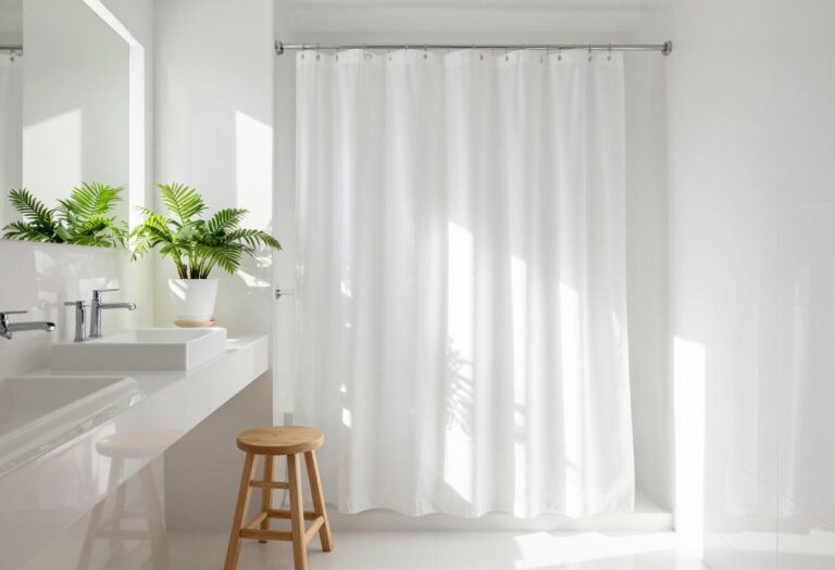 Extra long shower curtain in a bright bathroom