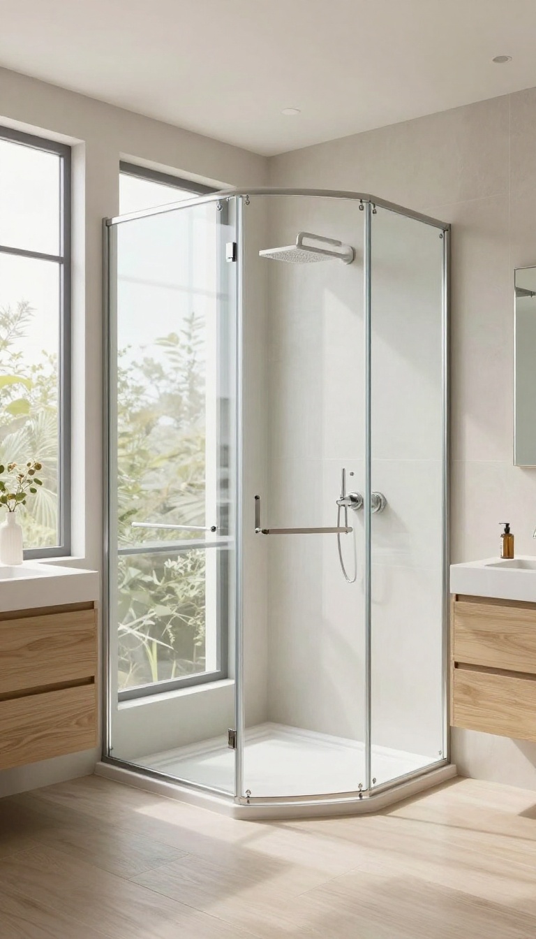 Curbless walk-in shower with frameless glass panel in a bright, modern bathroom