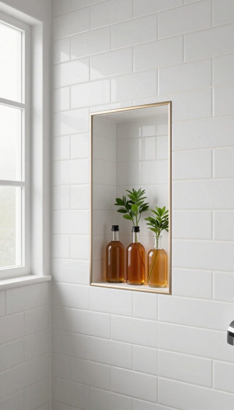 A modern bathroom shower with a classic tile-trimmed niche, seamlessly integrated into the white subway tile wall, with neatly arranged bottles and a small plant inside.