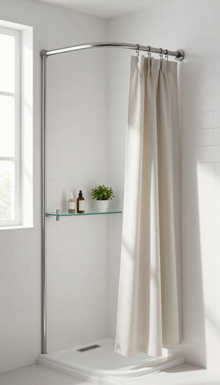 Small bathroom shower with curved rod and light curtain, showing extra space