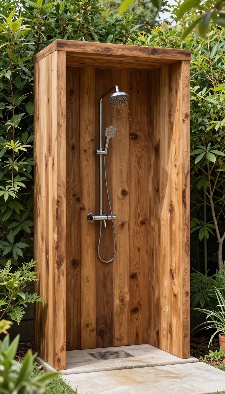 Outdoor shower with reclaimed wood frame and clear finish in a garden setting