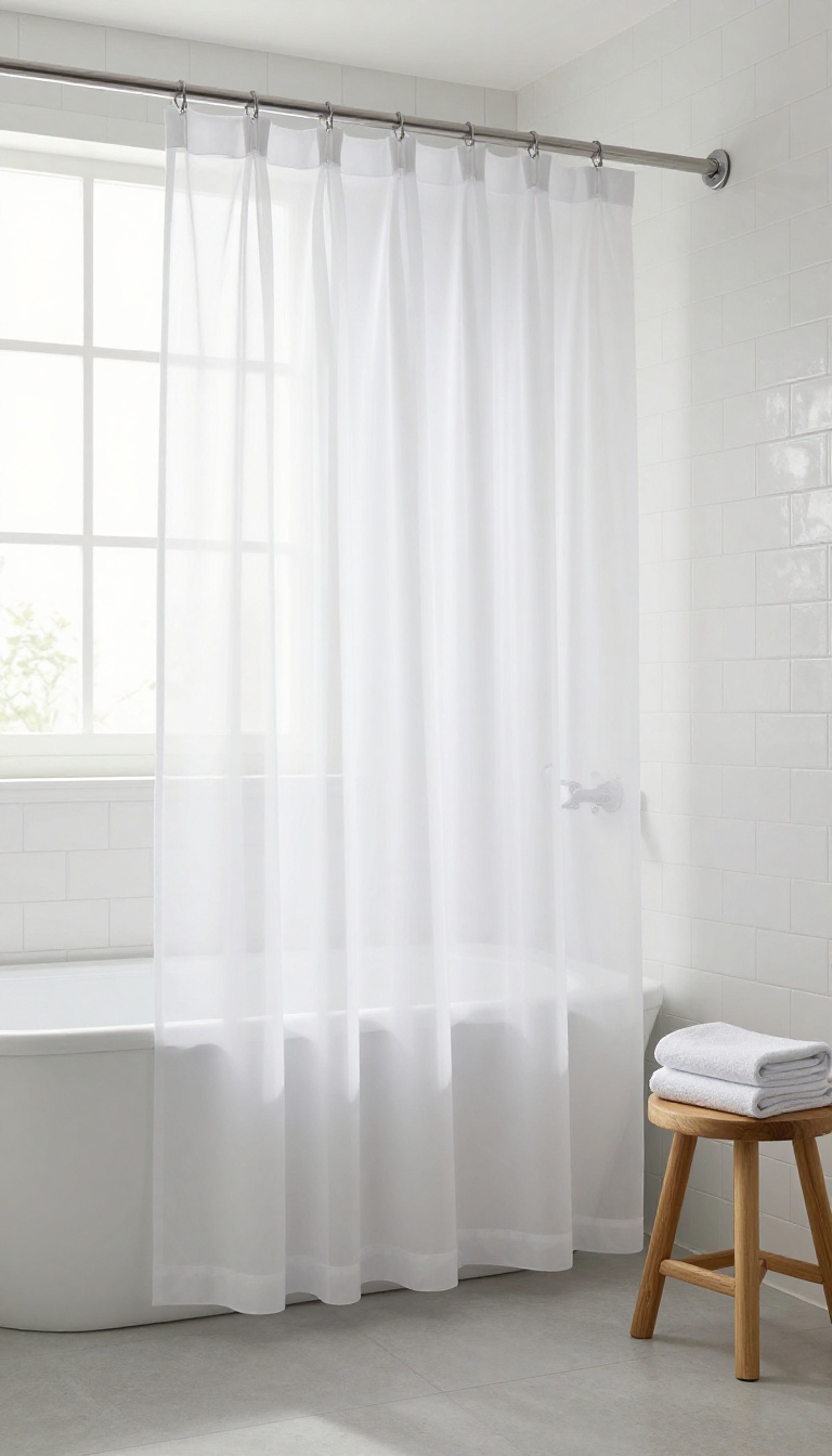 Bright modern bathroom with a crisp extra-long white shower curtain on a curved rod, touching the floor lightly, with natural light and clean styling.