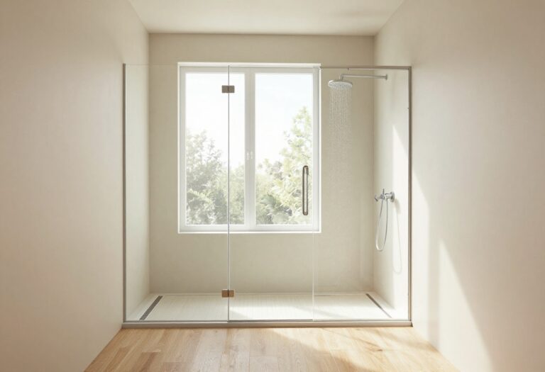 Modern no-door walk-in shower with wood-look tile and rainfall showerhead