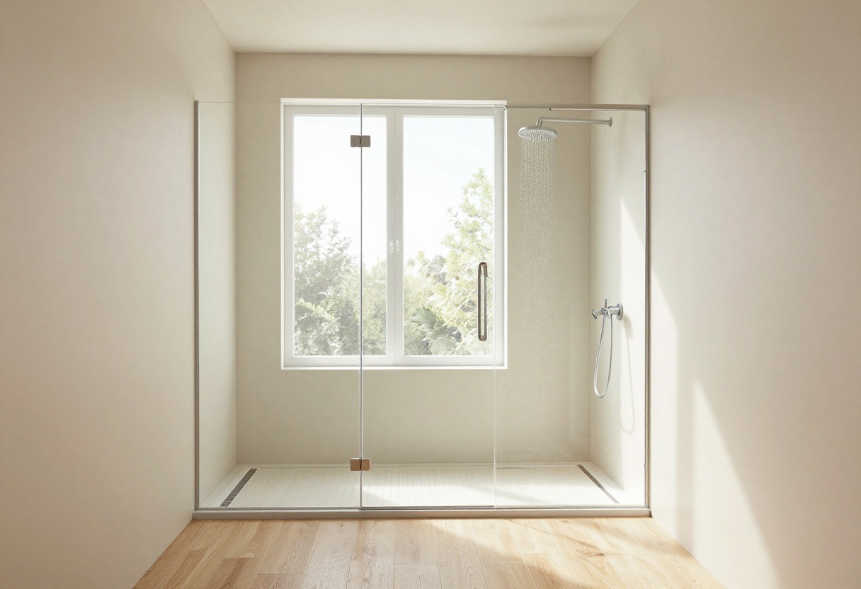 Modern no-door walk-in shower with wood-look tile and rainfall showerhead