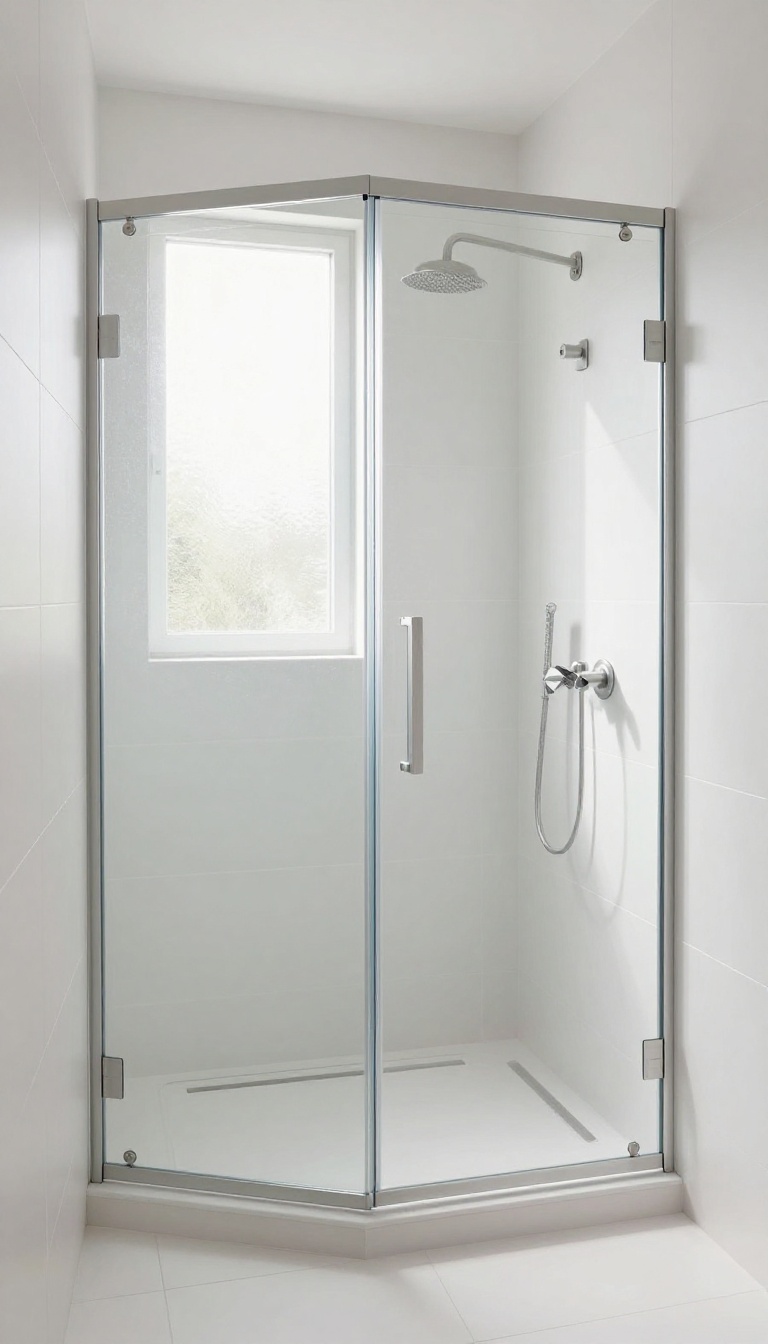 Small walk-in shower with large-format matte white tiles, minimal grout lines, and glass door