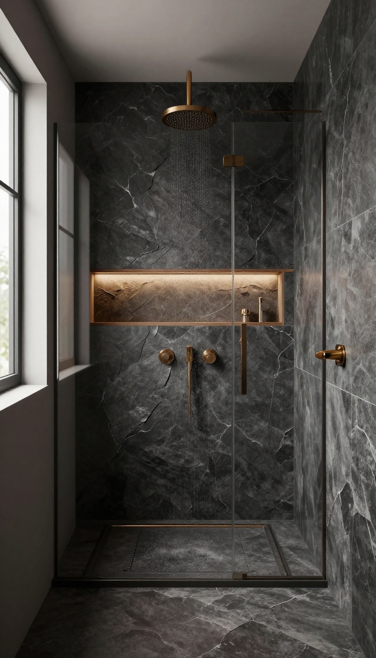 Large dark slate tiles in a moody bathroom shower with wood and brass accents