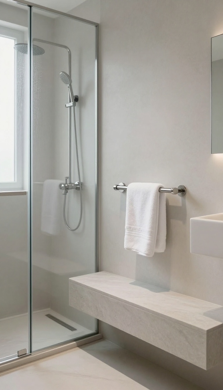 Modern shower bench with integrated towel bar in a bright bathroom