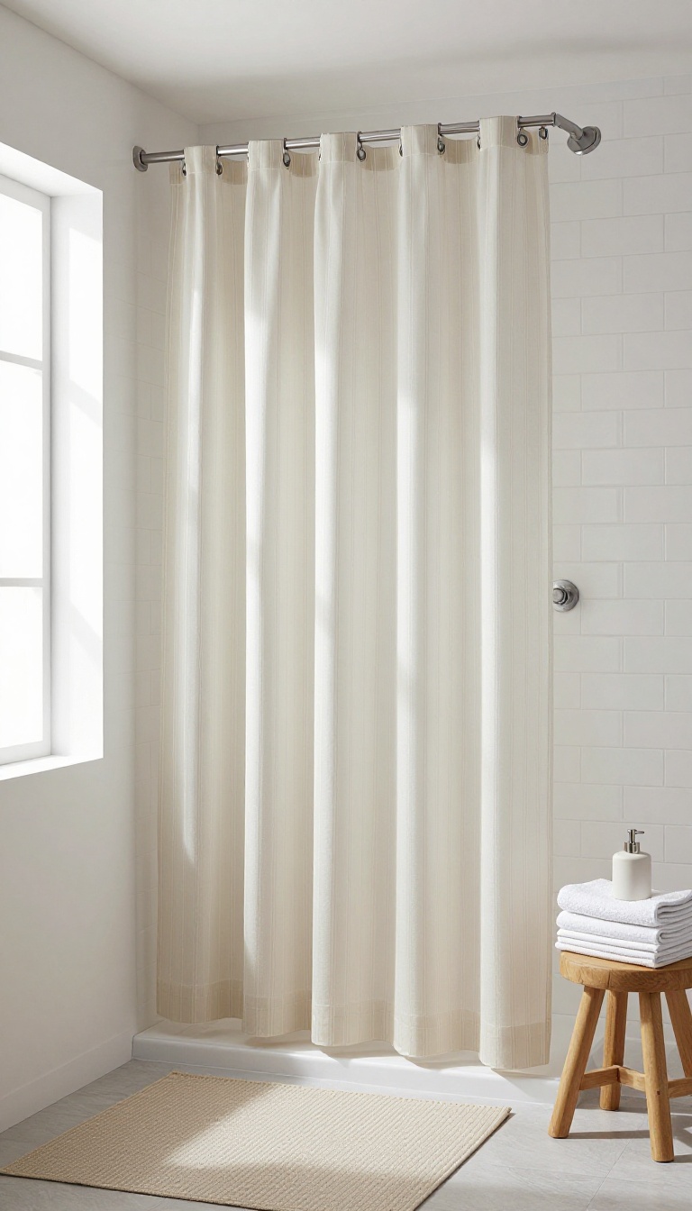 Modern bathroom with a subtle striped shower curtain in sand and off-white, white subway tiles, brushed nickel fixtures, and natural light