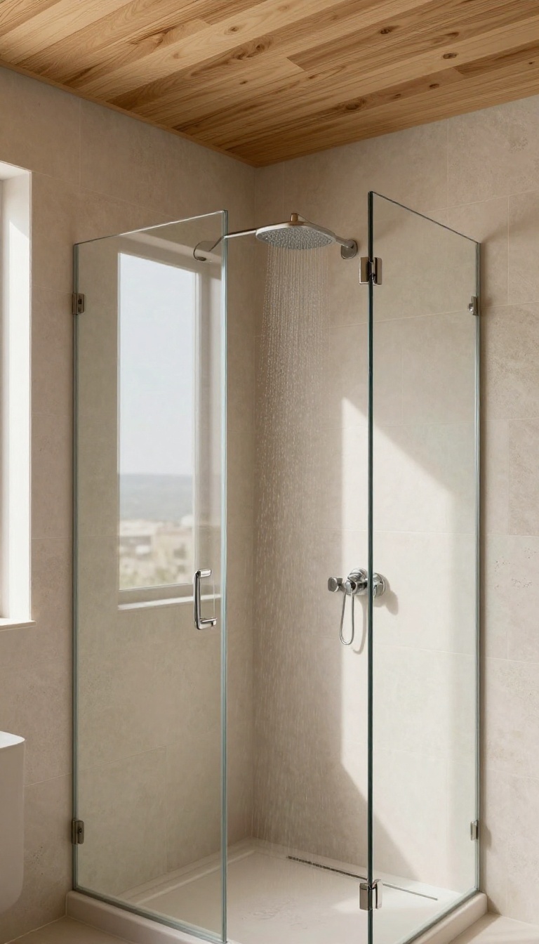 Modern bathroom shower with a cedar wood plank ceiling, warm and spa-like