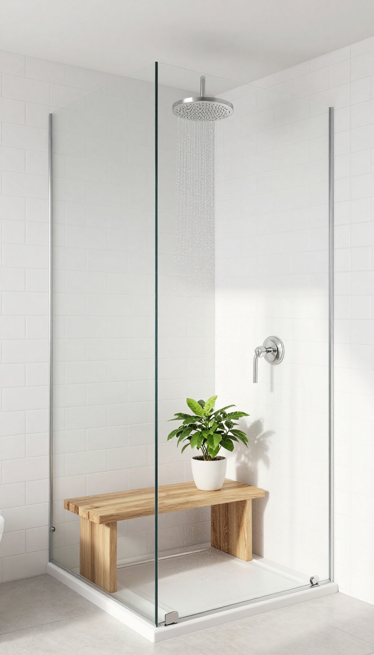 Walk-in shower with glass panel in a bright modern bathroom