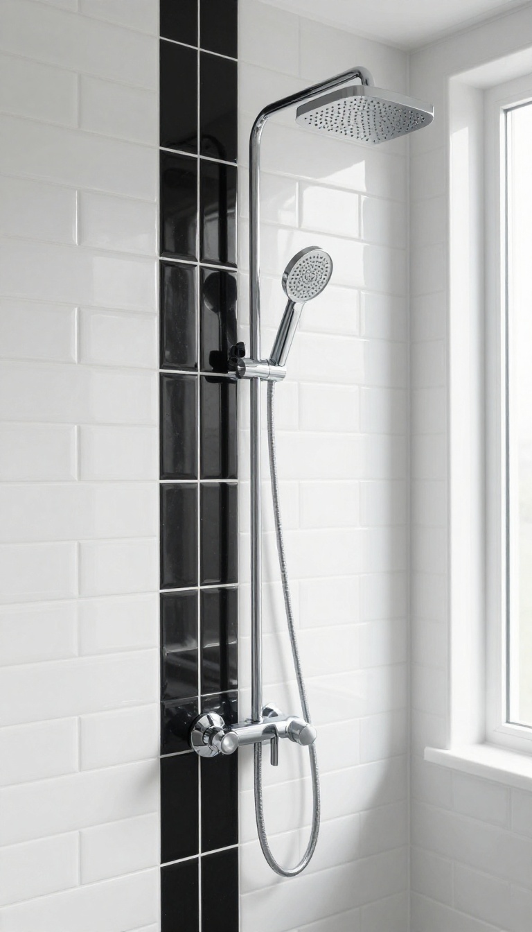 Vertical subway tile shower in black and white with a black stripe, bright natural light, modern bathroom design