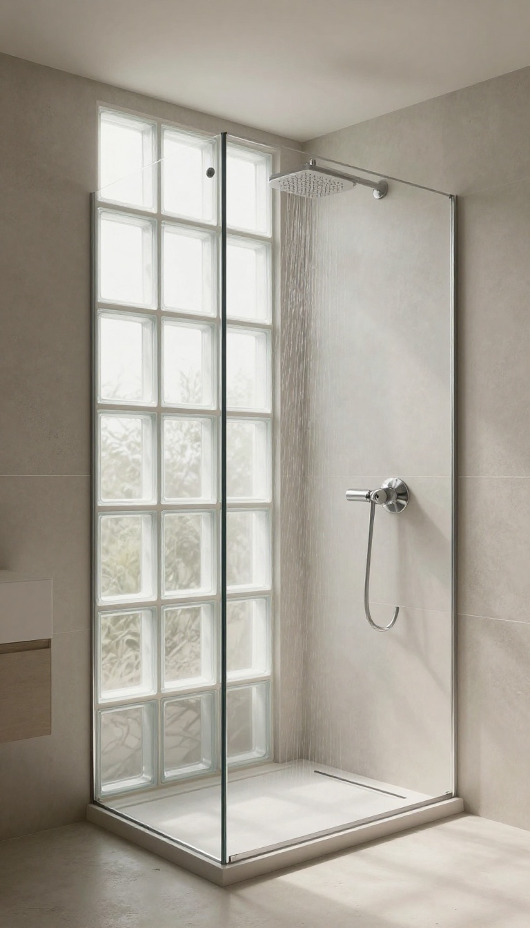 Modern bathroom shower with a frosted glass block window for privacy and natural light