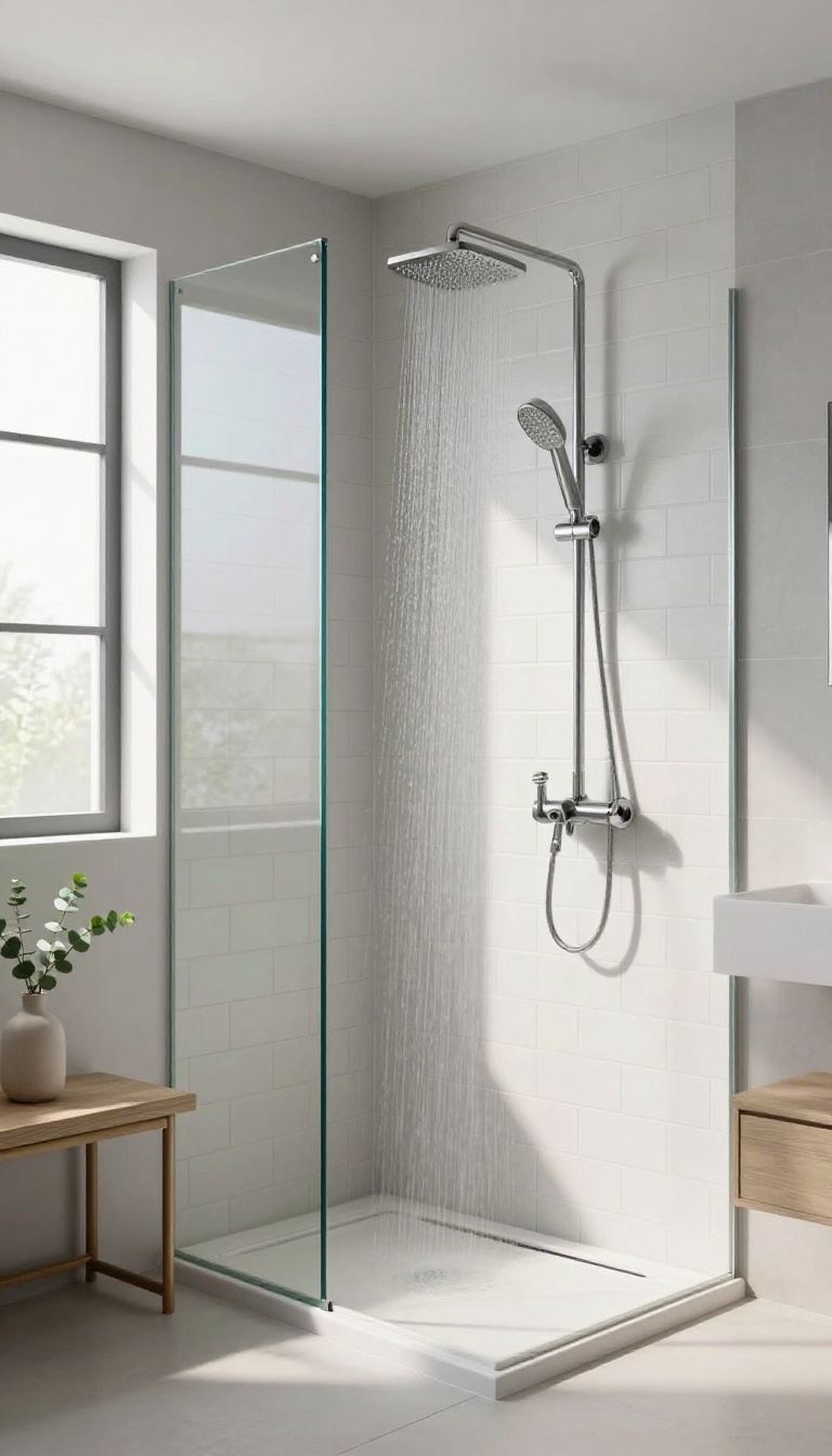 Modern bathroom shower with vertically stacked rectangular tiles that draw the eye upward, creating a sense of height and openness.