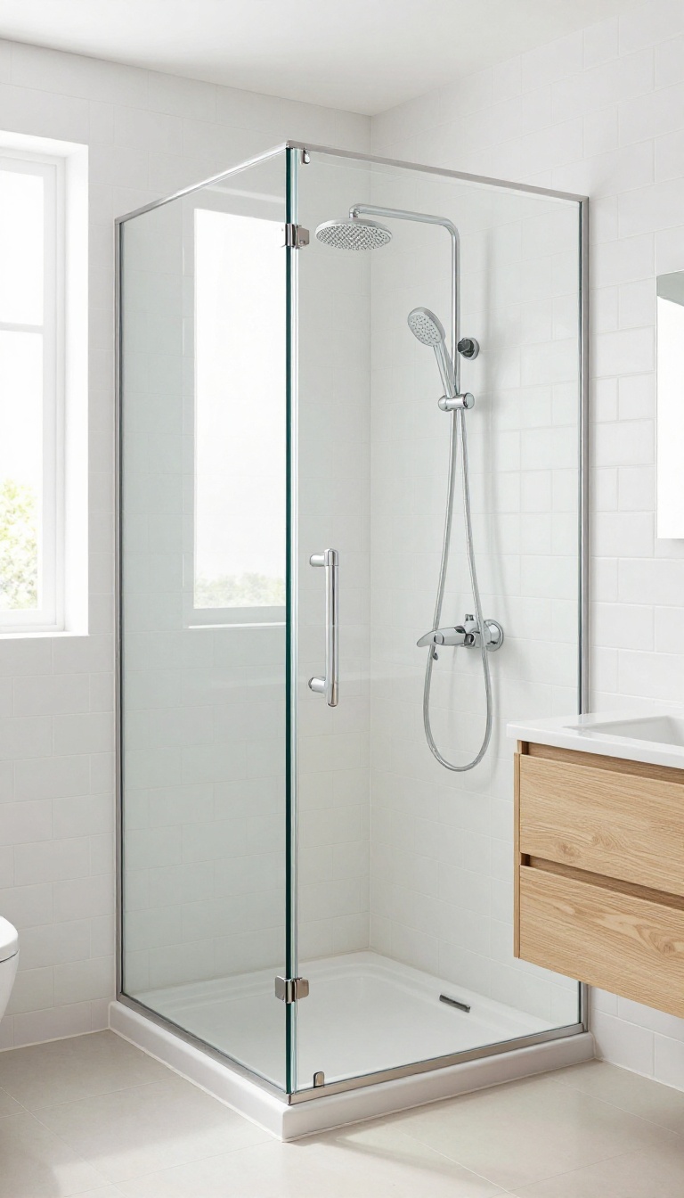 Small bathroom with a shower and tub combo featuring a frameless glass screen, bright and airy design