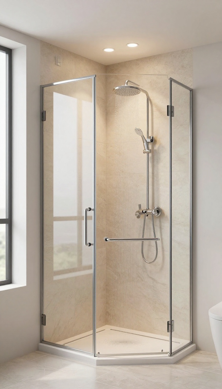 Modern stand-up shower with recessed lighting and warm glow