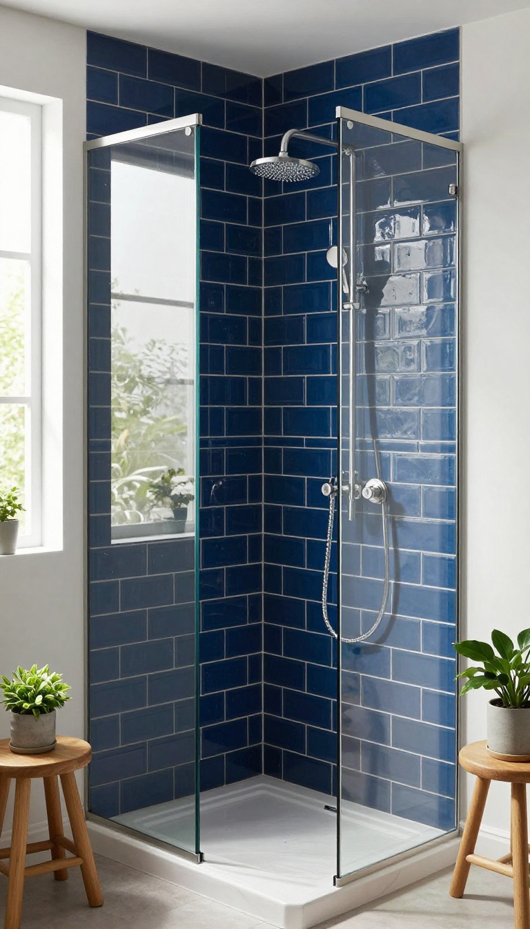 Navy blue subway tile shower with white grout in a bright, modern bathroom