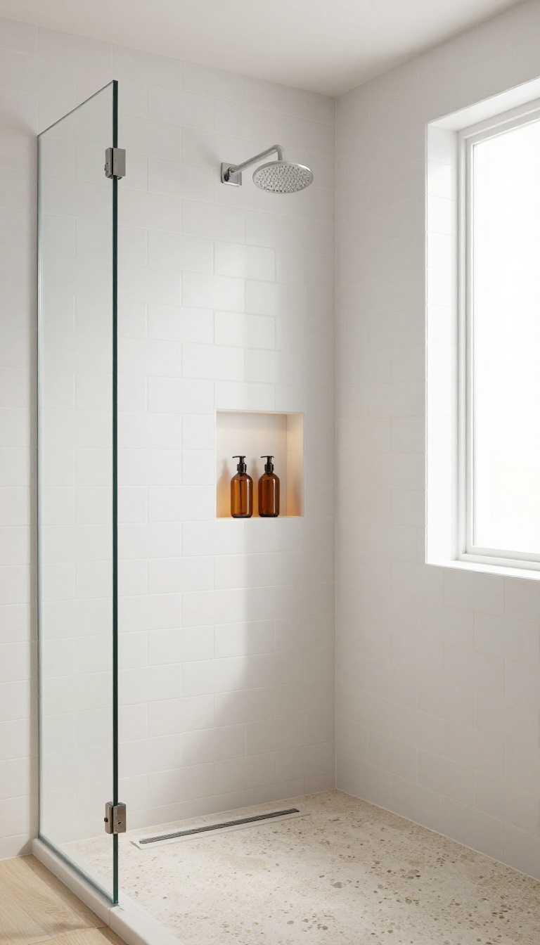 Modern shower with a recessed niche tiled in the same white subway tile as the wall, holding amber bottles, with a rainfall showerhead and pebble floor.