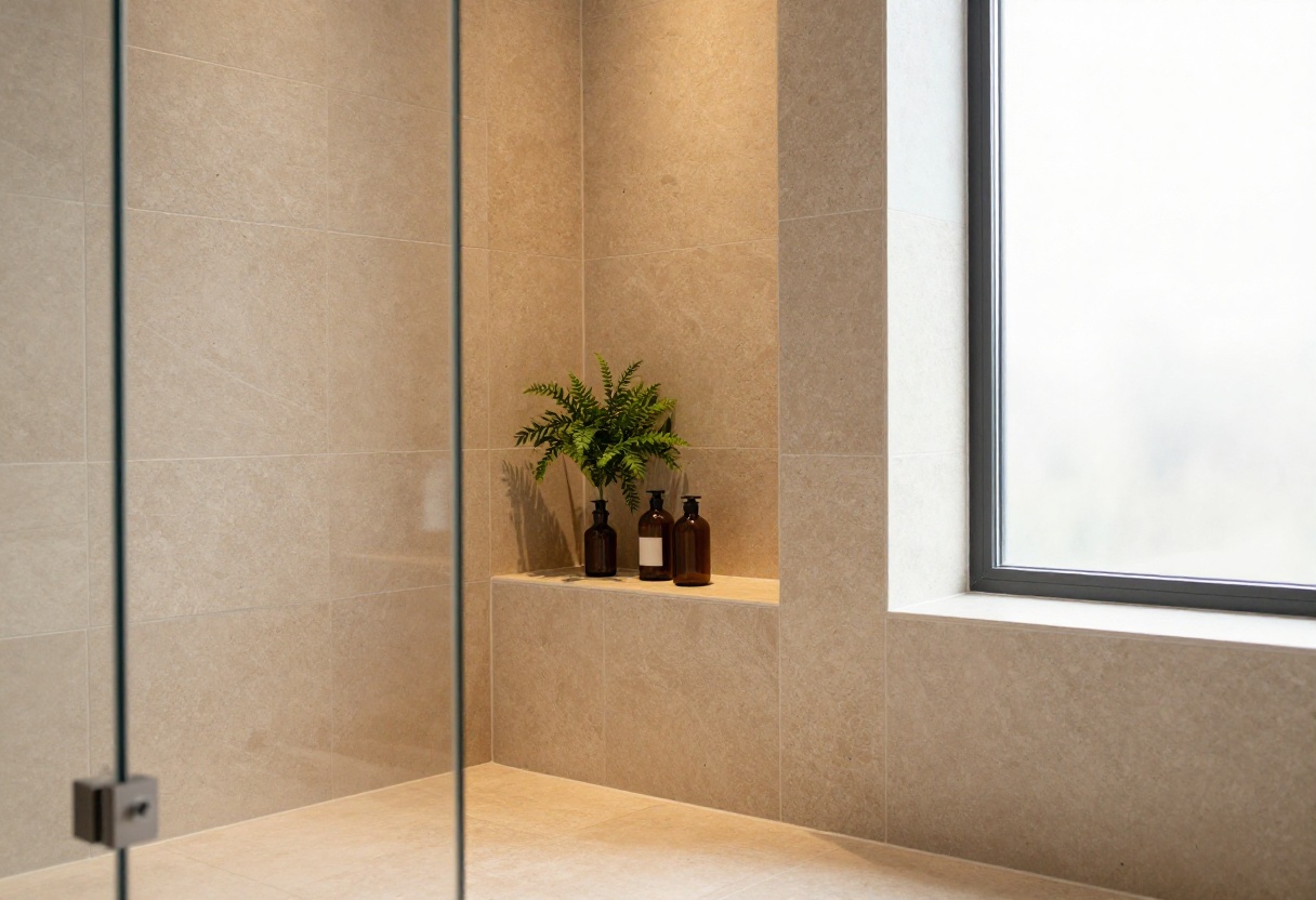 Shower niche with natural stone tile and warm lighting