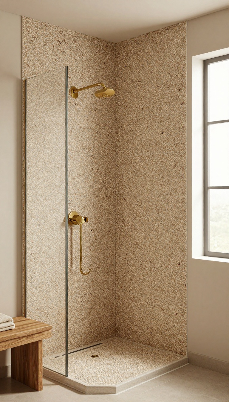 Large smooth pebble mosaic tiles in warm tones create a cozy, spa-like shower space with wooden accents and soft lighting.