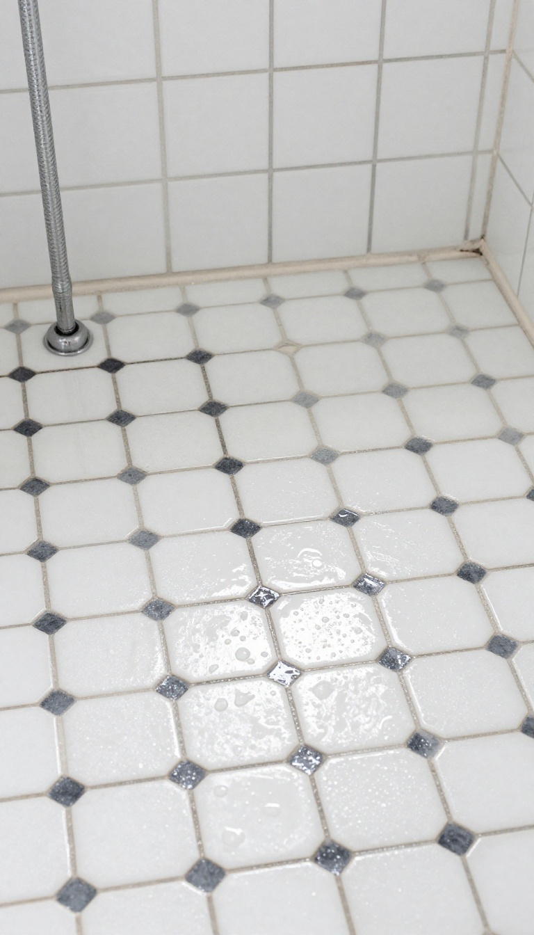Close-up of a white penny tile shower floor with dark grout, wet and glistening, showing a polka-dot pattern.