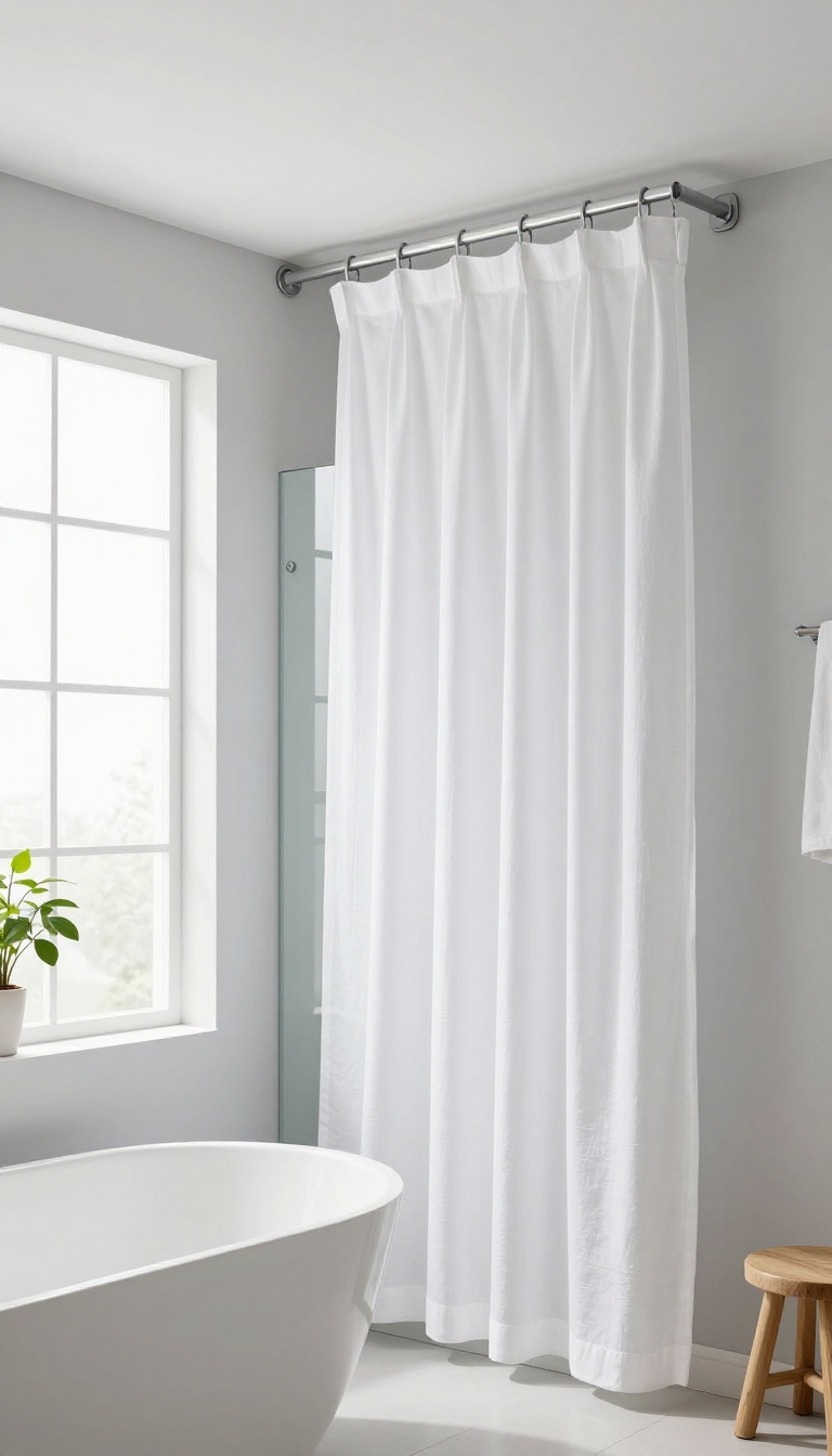Modern bathroom with a sleek ceiling track and minimalist rings holding a white linen shower curtain